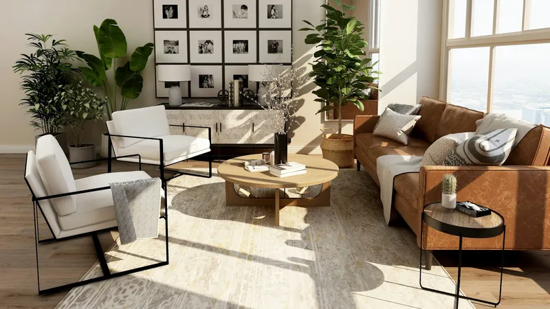 Renovated living room with new flooring, gallery wall, and warm leather sofa
